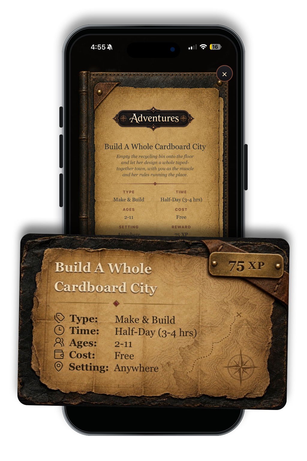 Girl Dad App Adventure screen with the Build A Whole Cardboard City card.