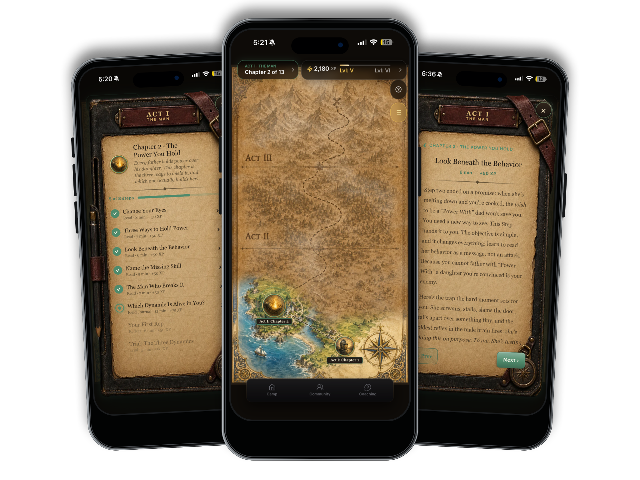Three Girl Dad App screens showing the Expedition map, chapter steps, and a lesson.