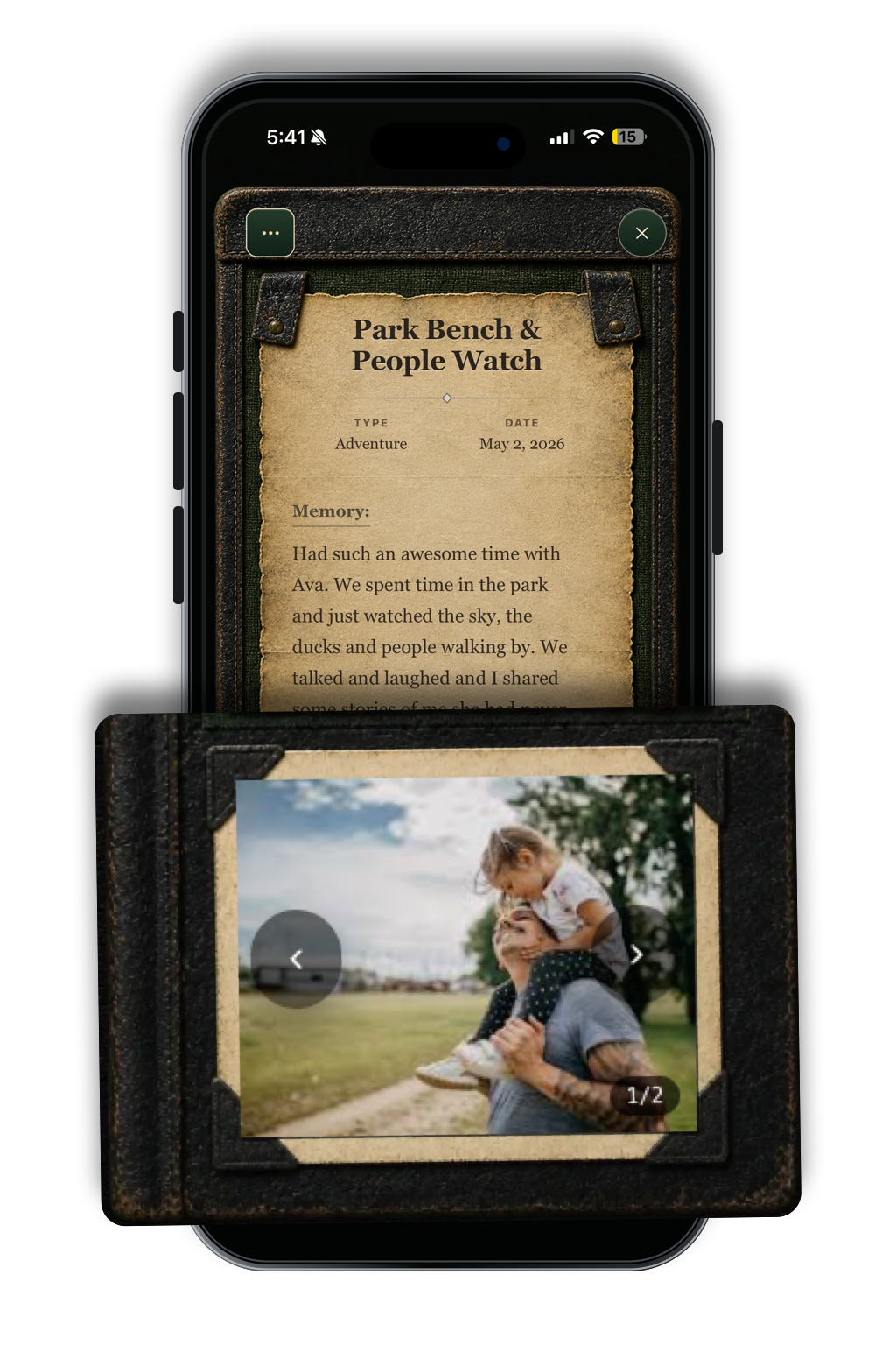 Girl Dad App Momentos memory entry with a father-and-daughter photo.